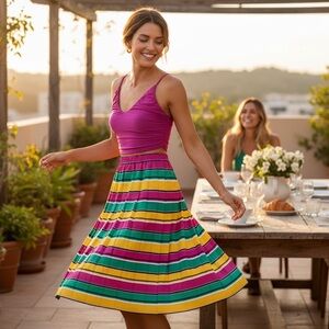 ⭐ 🔥 50% OFF SALE FINAL PRICE Rainbow Stripe Pleated Skirt Sz S w Pink Crop Top